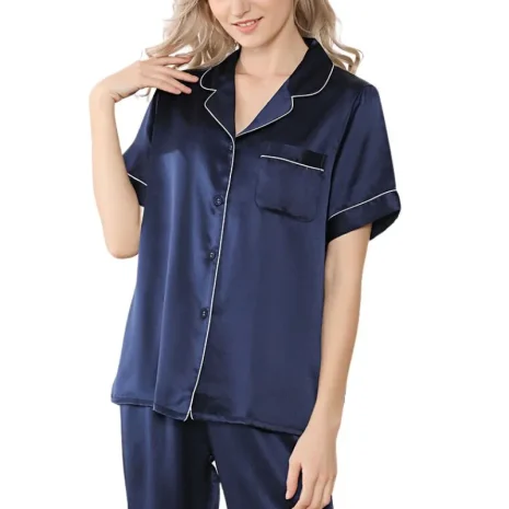 Aouvi Dark Blue Silk Pajama and Shirt Set