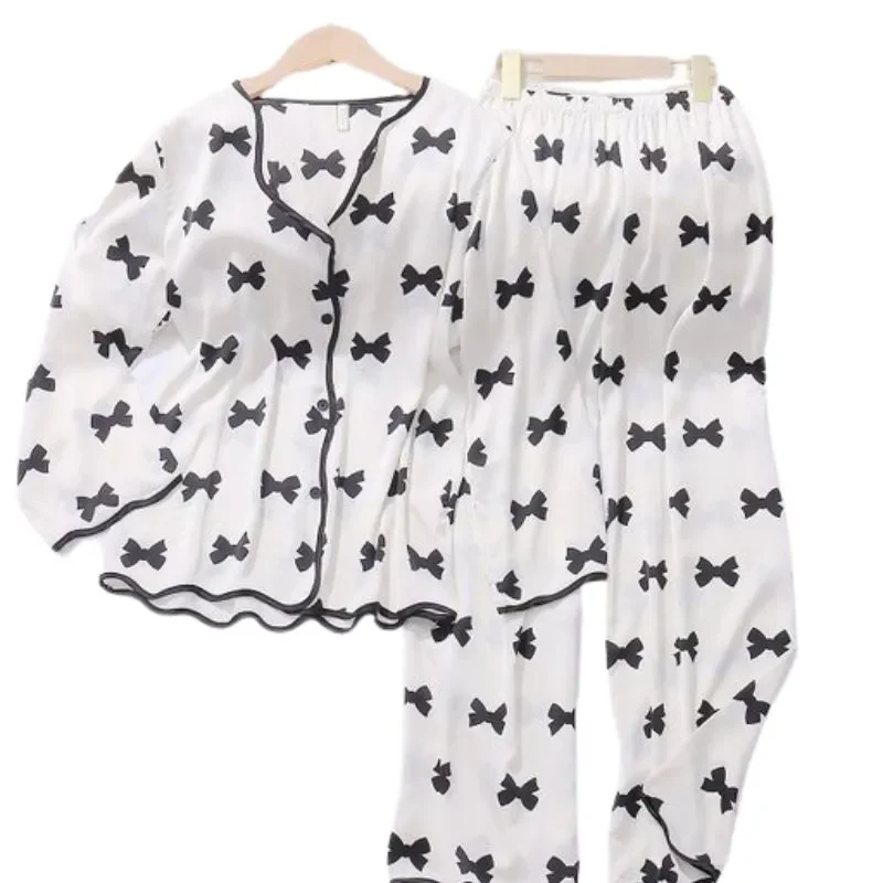 2PCS Pajamas Suit Bow Print Long Sleeve Nightwear